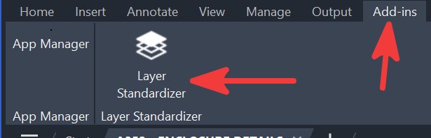 AutoCAD ribbon showing the Layer Standardizer add-in tab